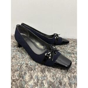 Stuart Weitzman Shoes Womens 6.5 Becca Navy Crepe Fabric Pumps Patent Leather